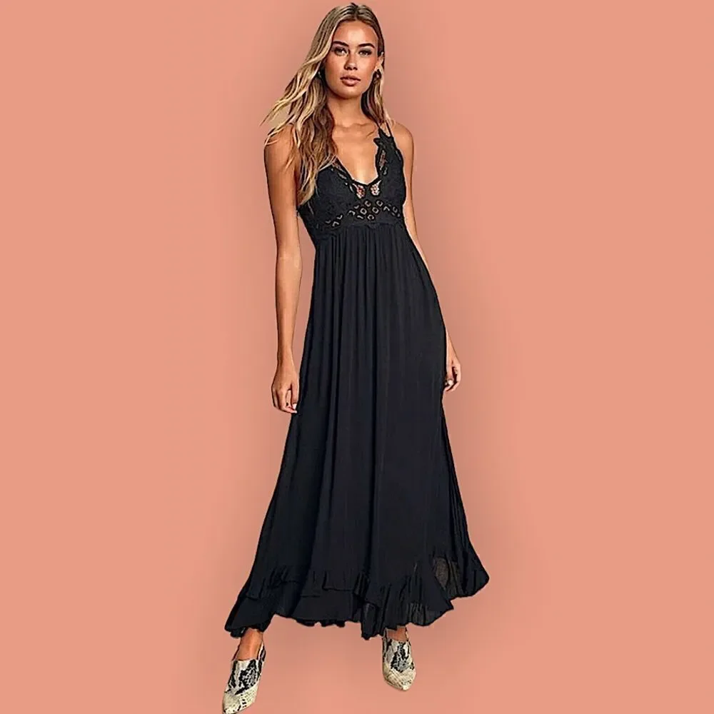 casual long dresses ANRABESS Women's Summer Maxi Beach Vacation Sleeveless Square Neck Flowy Tiered Sun Dress with Pockets Black Small at Amazon Women's Clothing store Color:M-Blue Floenr Dress is the Black with your White may-new-arrival-2025